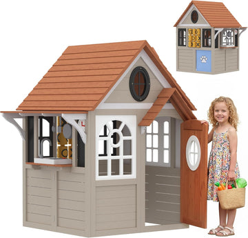 Outdoor Playhouse Wooden Kids Playhouse with Dog Door Ages 2+ Gray | Kids Cottage, Cookware, Blackboard, Clock