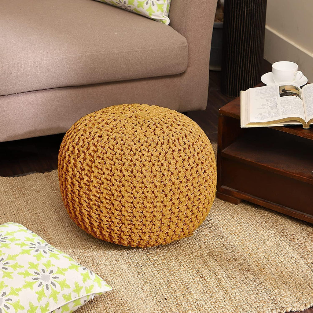 Round Pouf Ottoman - Hand Knitted Boho Poof - Mustard, Set of 2