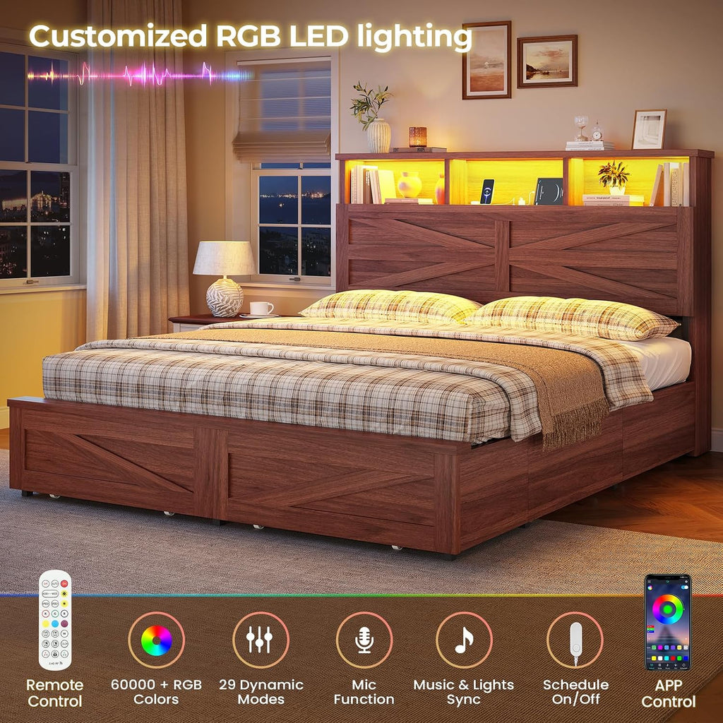 Queen Bed Frame with 6 Drawers, Farmhouse Bed Frame with Barn Door Headboard and Storage, Wood Platform Bed Frame