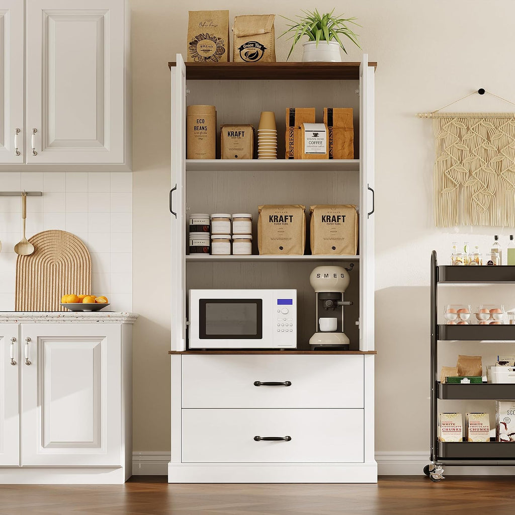 Kitchen Pantry Cabinet, Farmhouse Storage Cabinet with Barn Doors, Drawers and Adjustable Shelves, Versatile Storage