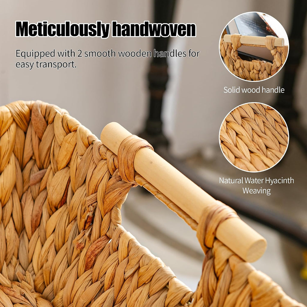Woven Storage Baskets - Set of 3 Handwoven Water Hyacinth Wicker Baskets with Wooden Handles for Organizing
