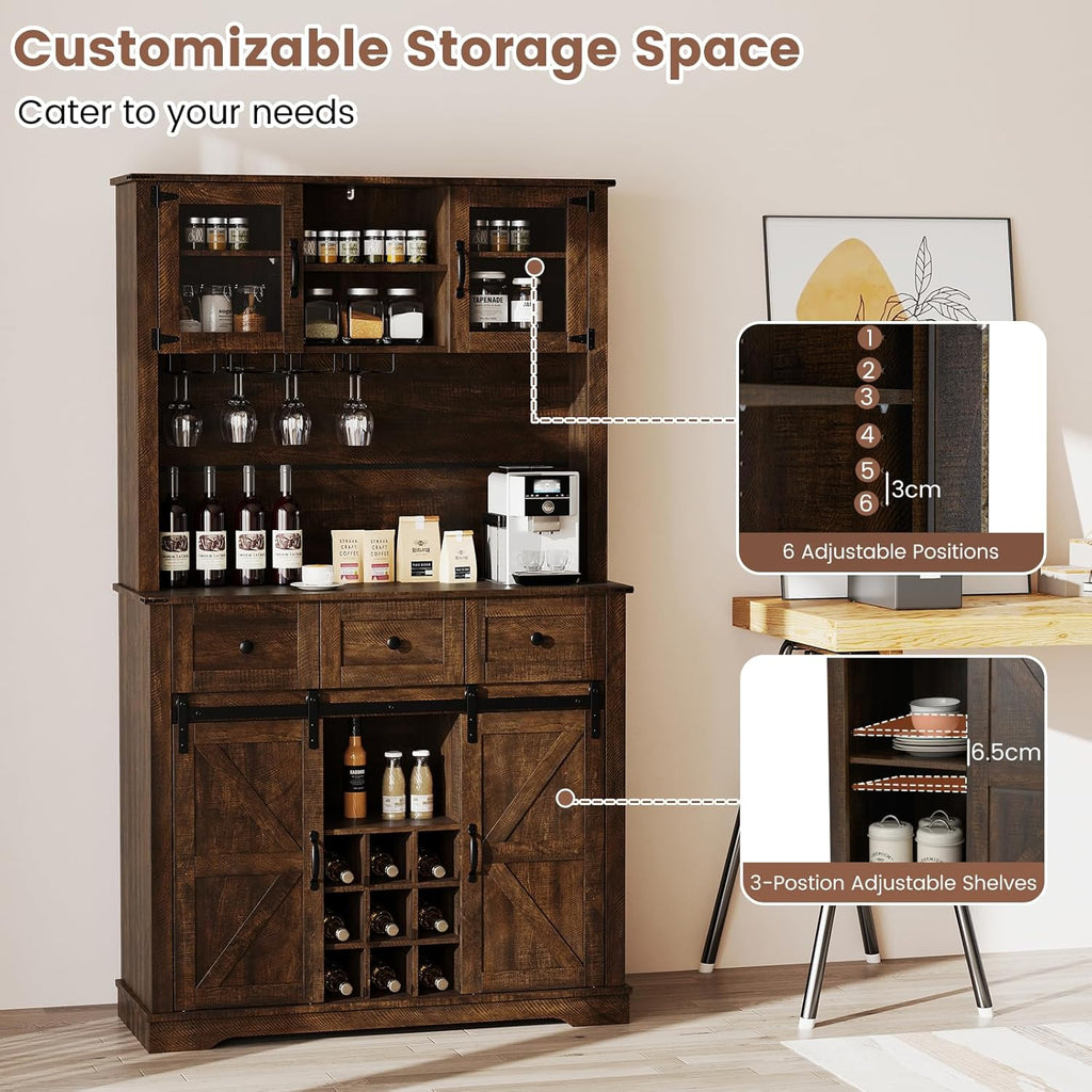 Farmhouse Coffee Bar Cabinet with Storage, Kitchen Buffet Hutch with Wine Rack & Sliding Barn Doors & Glass Doors