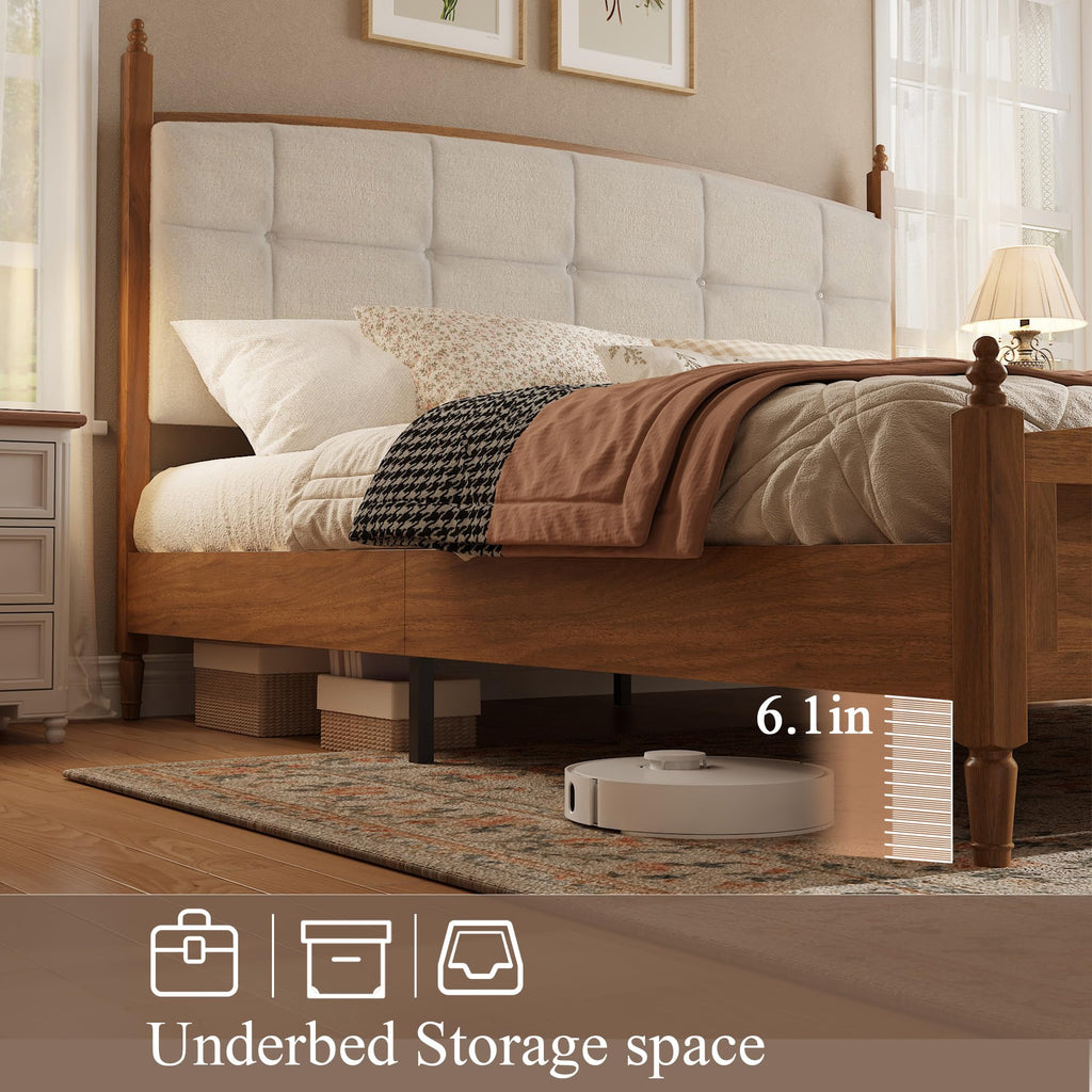 Bed Frame with Solid Wood Vintage Style Upholstered Headboard Walnut