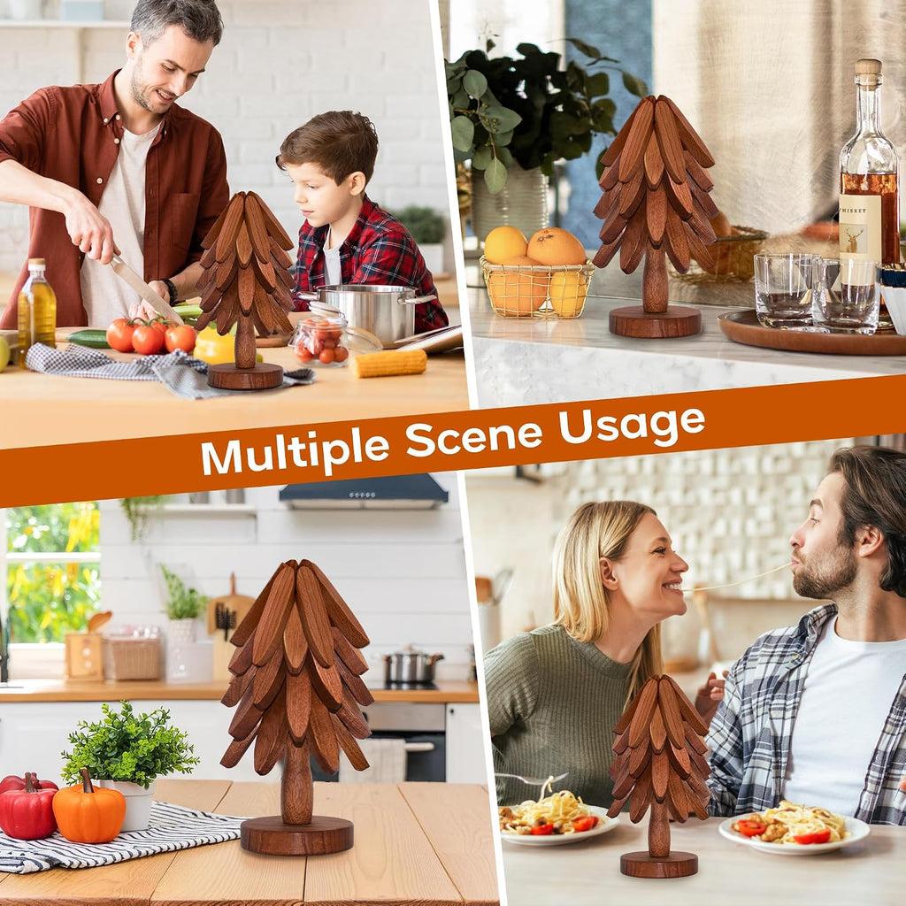 Wooden Trivets for Hot Dishes, Wooden Tree Trivet for Easy Storage - Suited for Hots, Pans, Bowl, Teapot - Set of 5