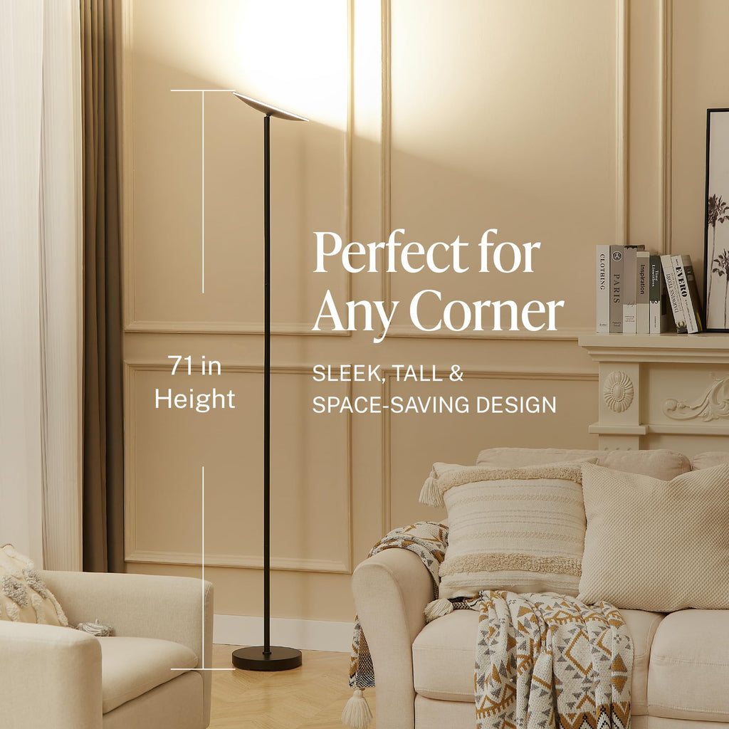 LED Torchiere Floor Lamp - 71" Tall Modern Torchiere Lamp in Zen Black, Stepless Dimming, Remote & Touch