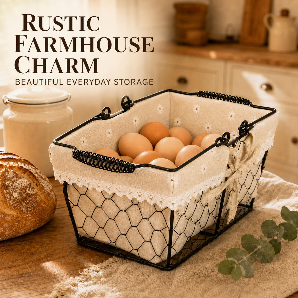 Farmhouse Vintage Metal Wire Chicken Egg Basket with Handle, Square Storage Basket with Removable Linen Liner