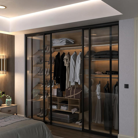 Door55 4 Panel Glass Sliding Closet Doors with Aluminum Frame, Silent Glide Technology, Bedroom Clos
