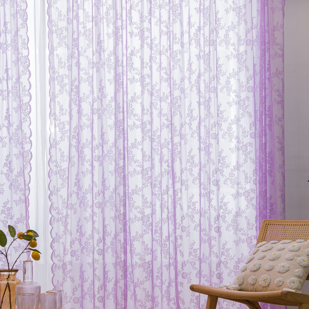 Lace Curtains 63 Inch Length 2 Panels Set, Purple Sheer Floral Embroidery Vintage Voile Window Panel Treatment Pair