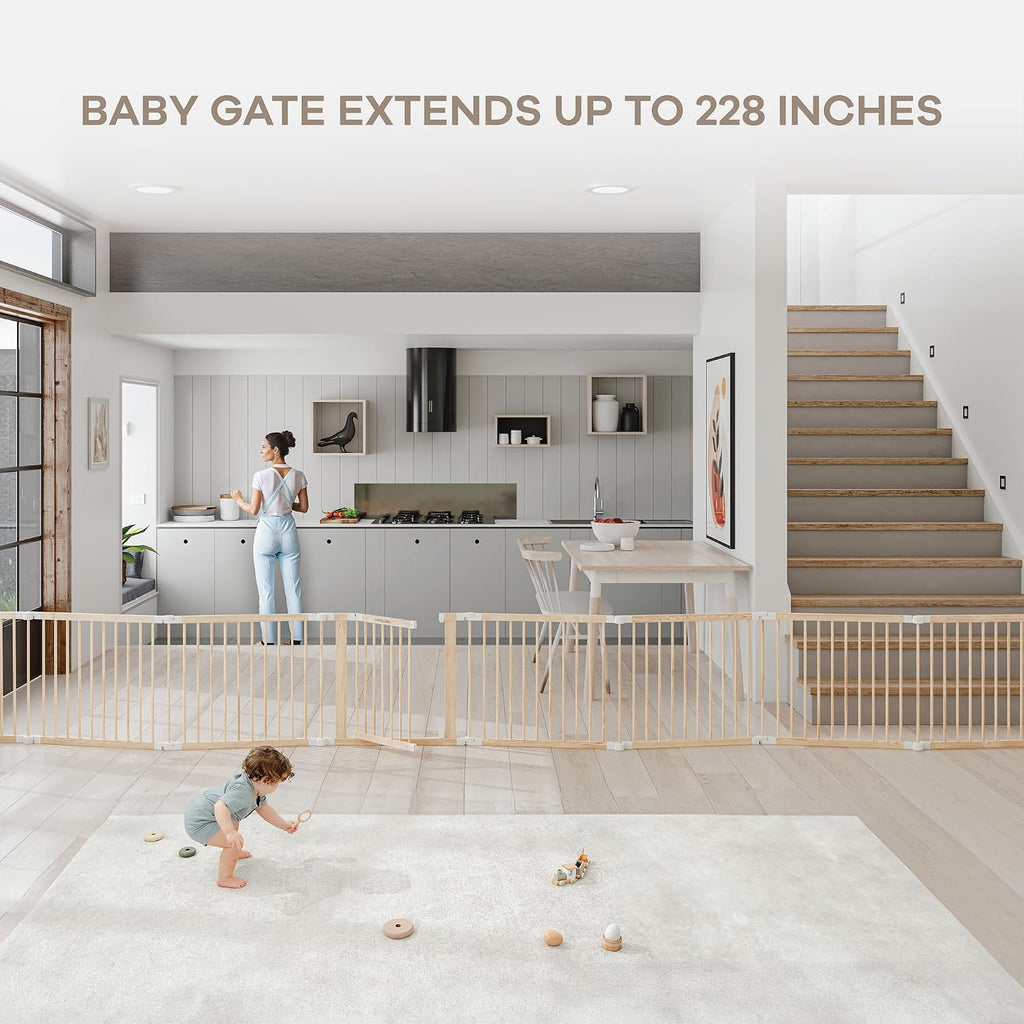 Baby Gate Playpen 57x57x25in - Foldable Playpen Light Wood White | Extends Up to 228", Natural Pine Wood Baby Fence