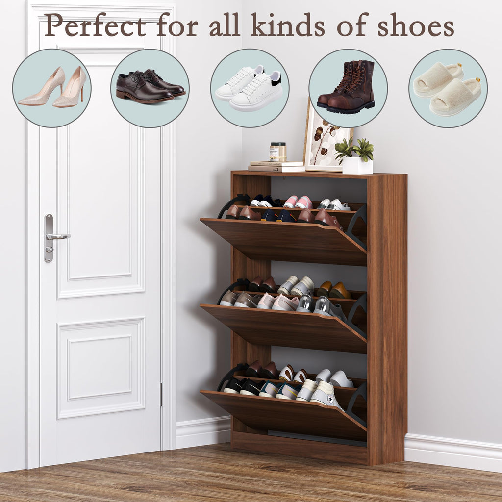 Shoe Cabinet with 3 Flip Drawers, Slim Narrow Shoe Storage Cabinet, Freestanding Shoe Organizer with Adjustable &