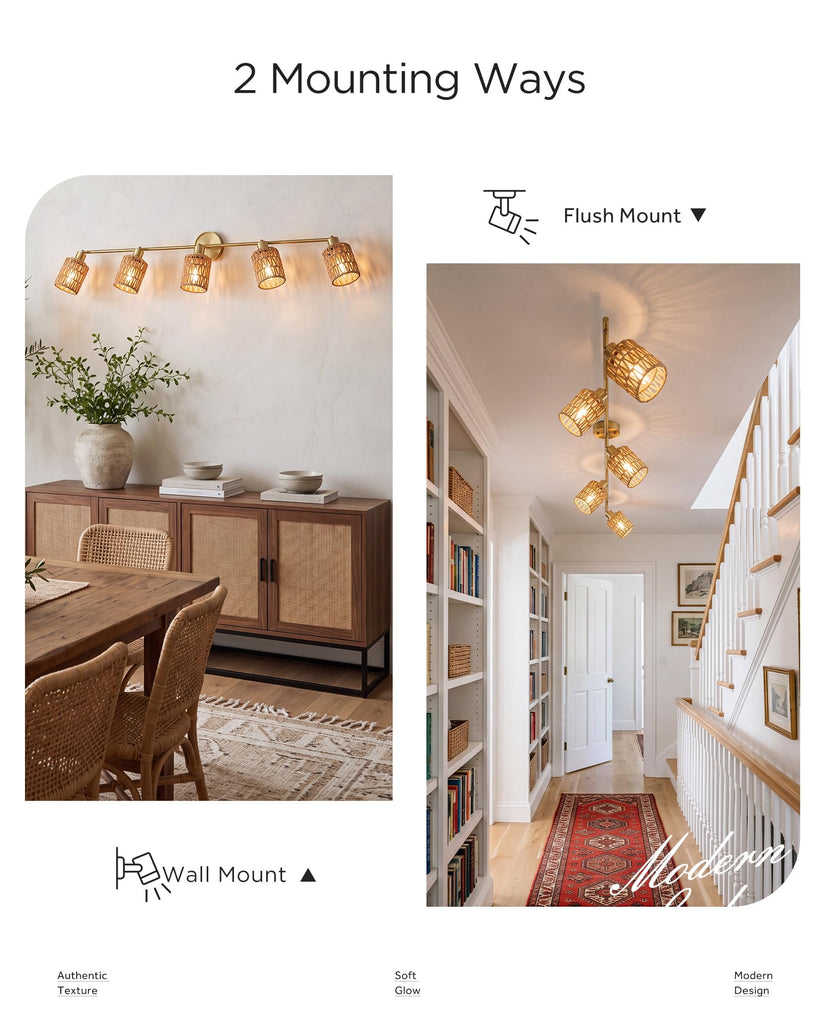 Track Lights Ceiling Mount, Handwoven Rattan Track Lighting