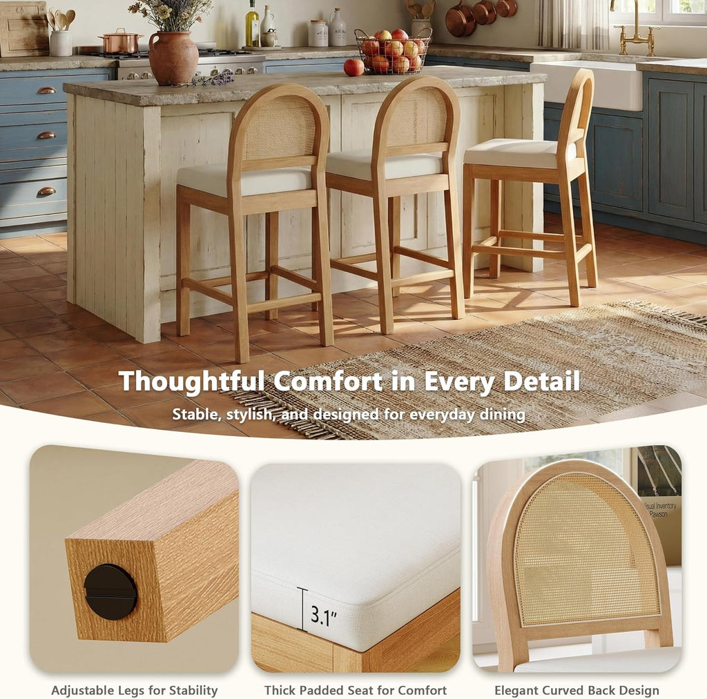 Upholstered Rattan Bar Stools Set of 4, Wooden Counter Height Stools with Natural Rattan Woven Back and Chenille