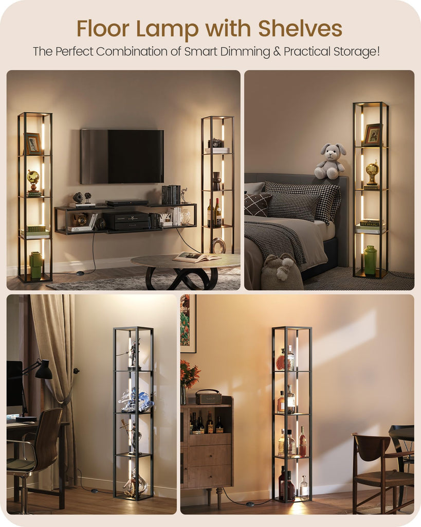 64.2" Display Shelf with Light, Modern Corner Floor Lamp with Shelves, LED Dimmable Standing Lamp with
