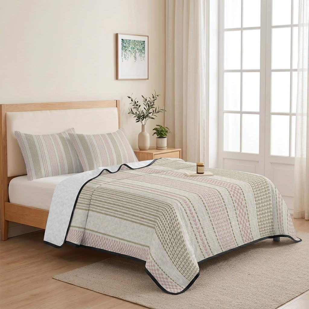 Vintage Striped Quilts Bedding Set Pink Khaki Vertical Ticking Stripes French Country Lightweight Quilted