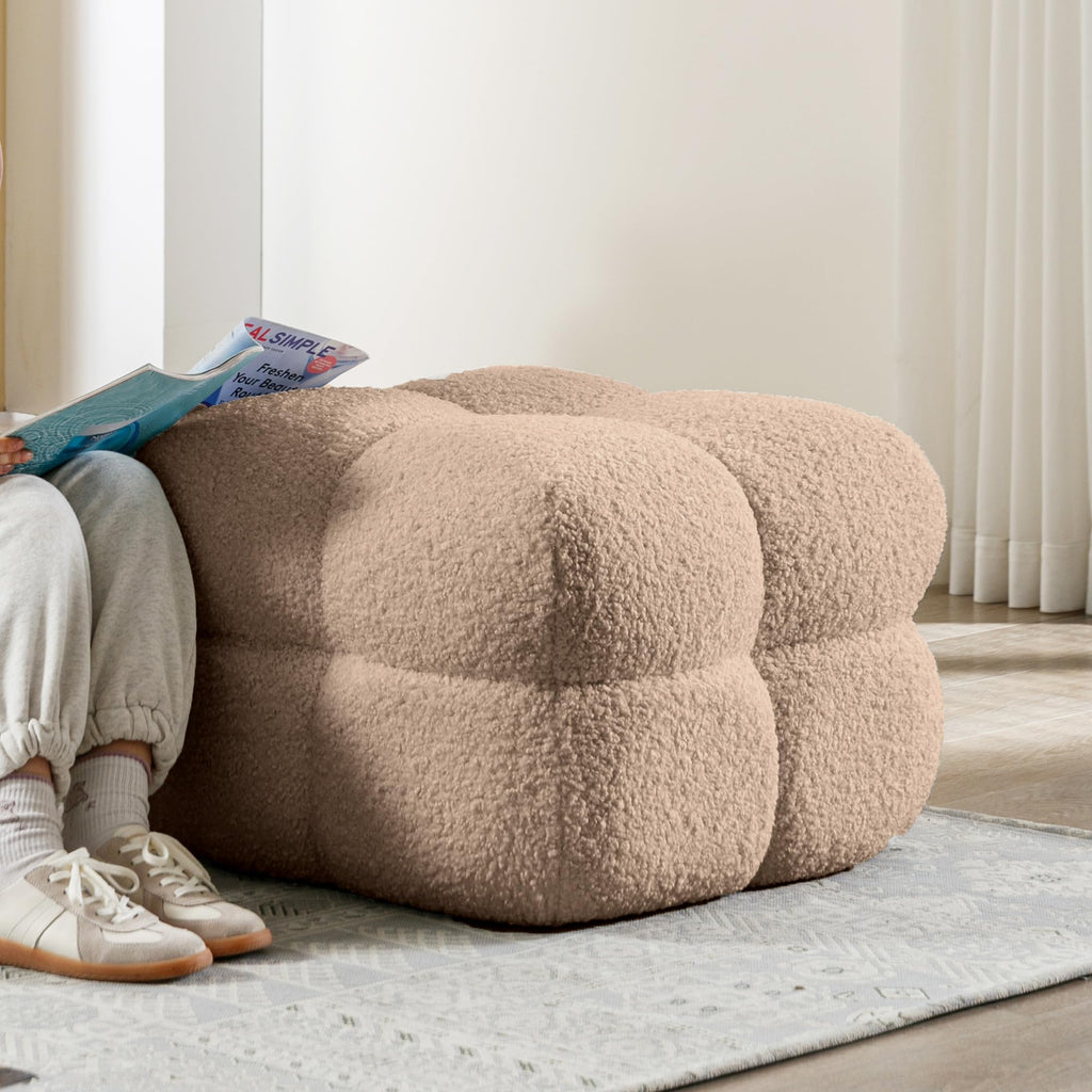 21" W Pouf Ottoman Foot Rest, Large Square Foot Stool for Couch, Upholstered Boho Ottoman with Teddy Fabric for