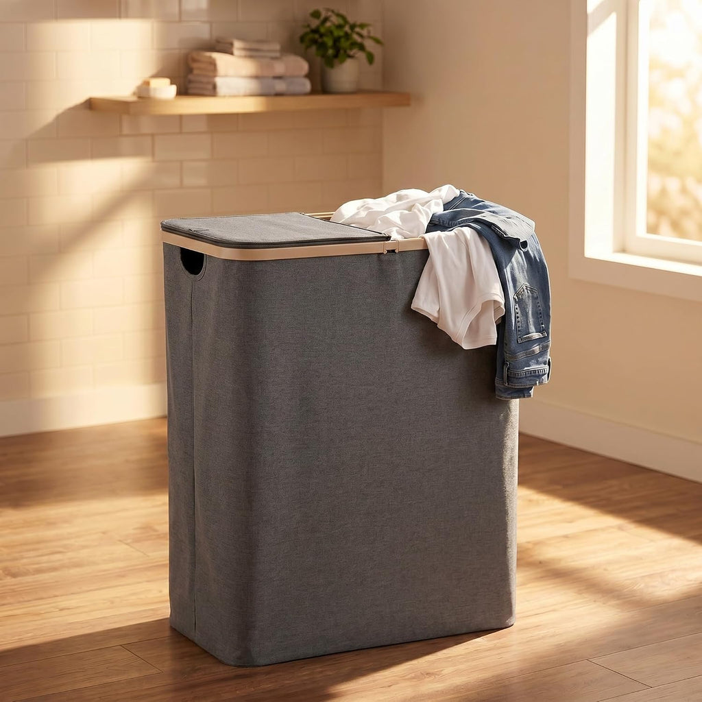 160L Double Laundry Basket Hamper with Lid & Removable Bags, Grey | Extra large 2-section collapsible clothes hamper