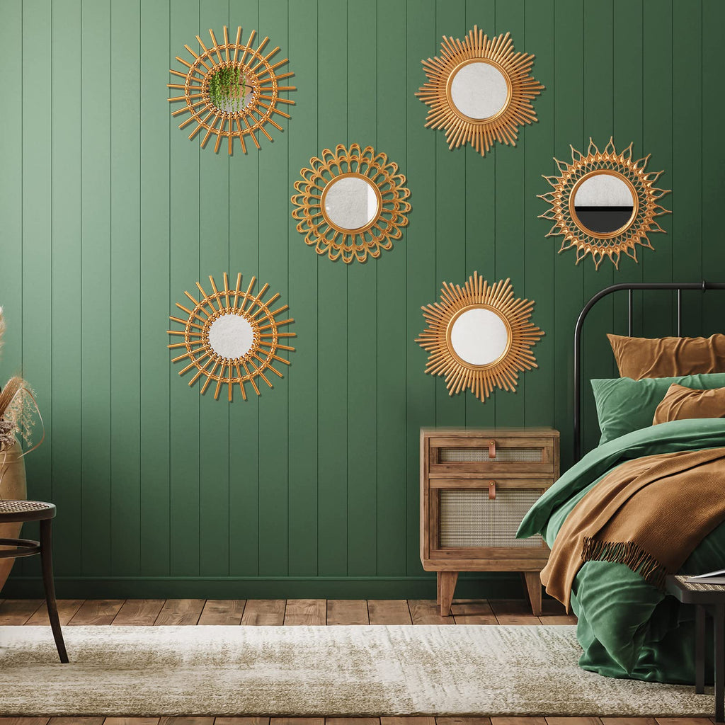6 Pcs Sunburst Round Mirror for Wall Decor, Classic, Gold