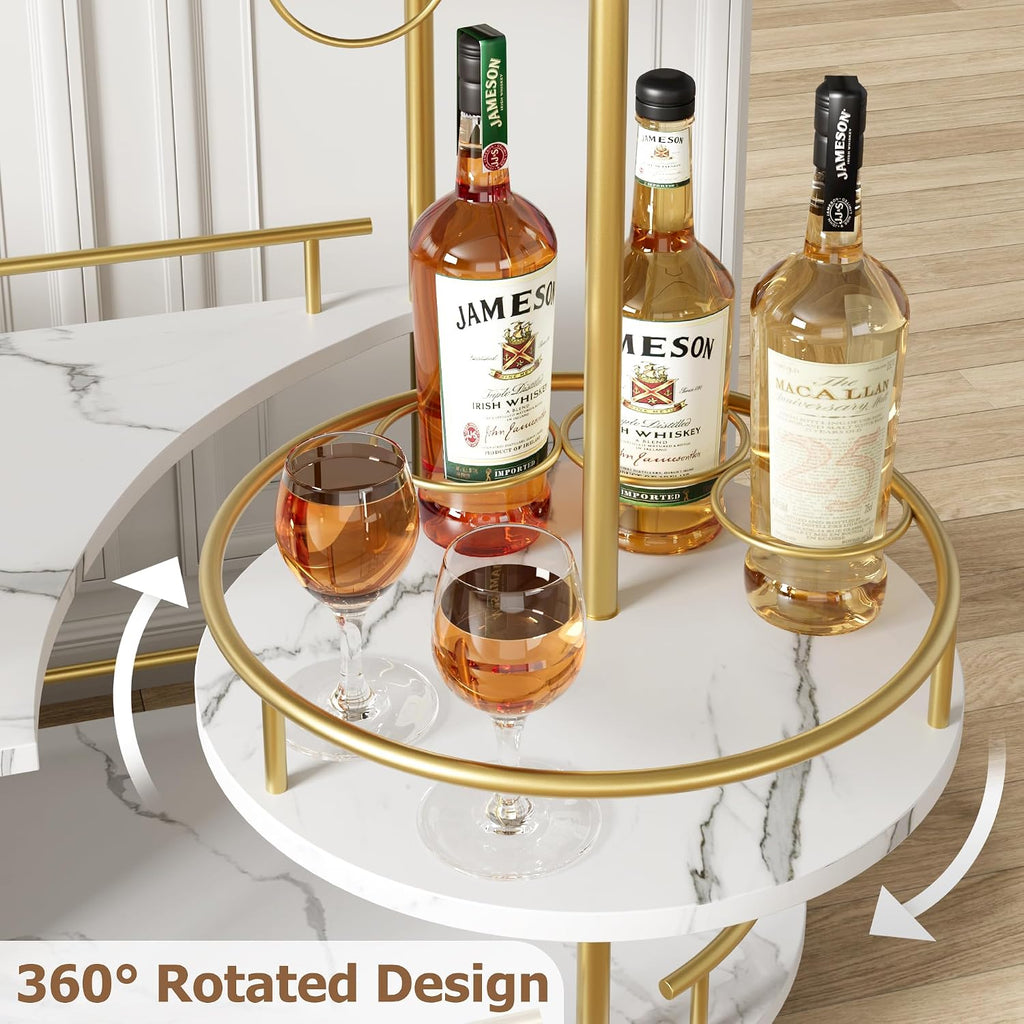 Bar Carts Gold with 4-Tiers Storage Shelves,Mobile Bar Seving Cart On Wheels with Wine Rack and Glass Holder ,White.