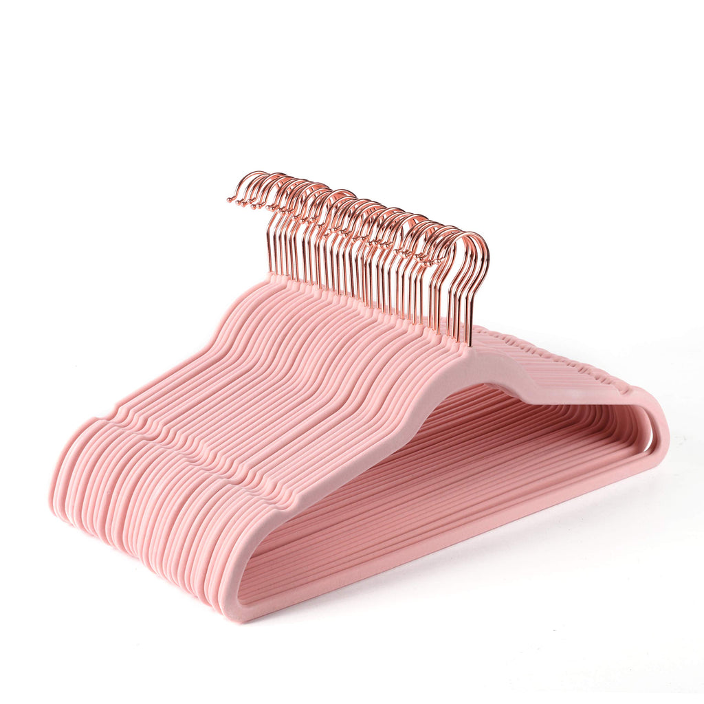 Premium Blush Pink Velvet Hangers (Pack of 50) Heavyduty - Non Slip - Copper/Rose Gold Hooks, Space Saving Clothes