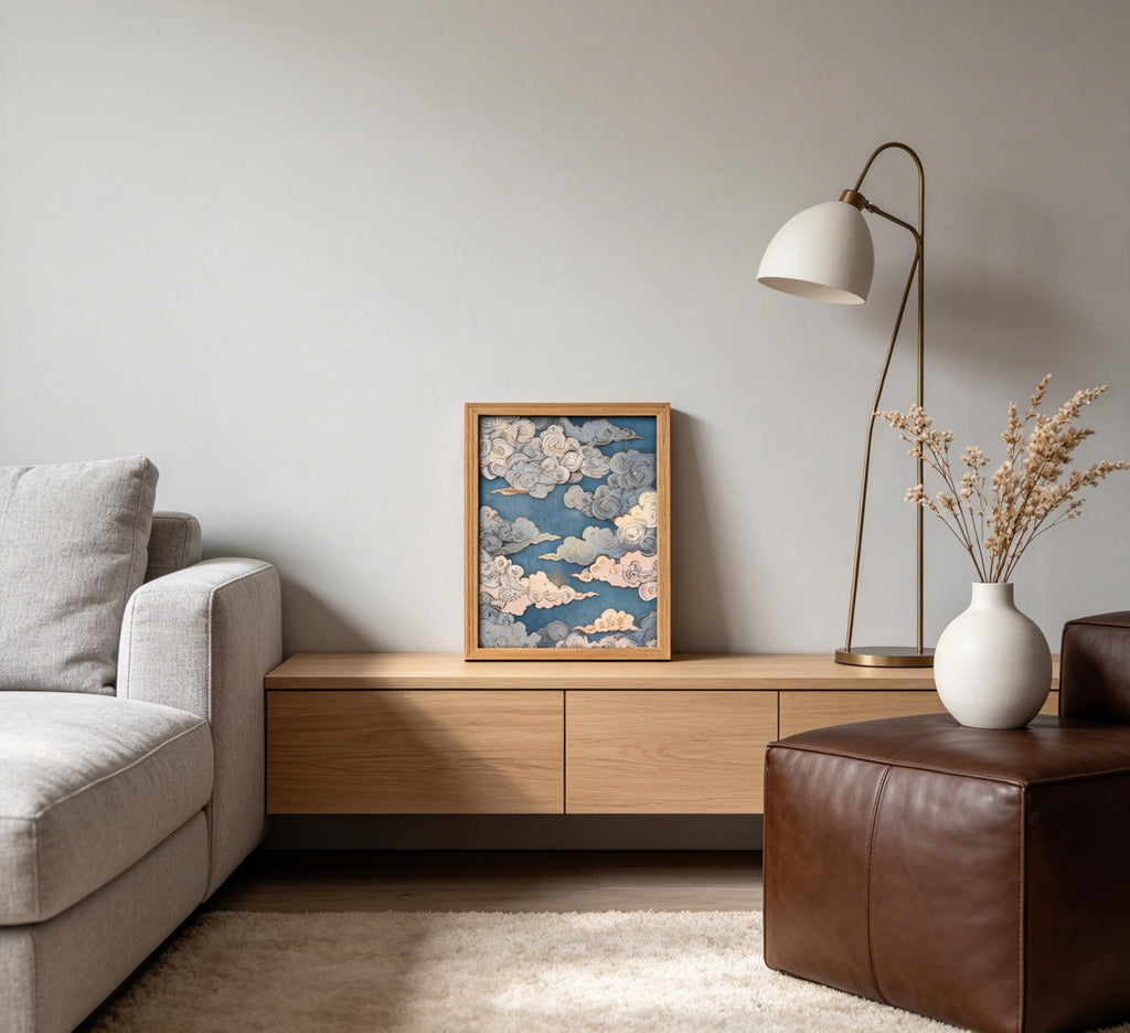 Framed Oriental Cloud Pattern Canvas Wall Art, Blue Gold Traditional Swirl Cloud Print, Elegant Vintage Sky Artwork