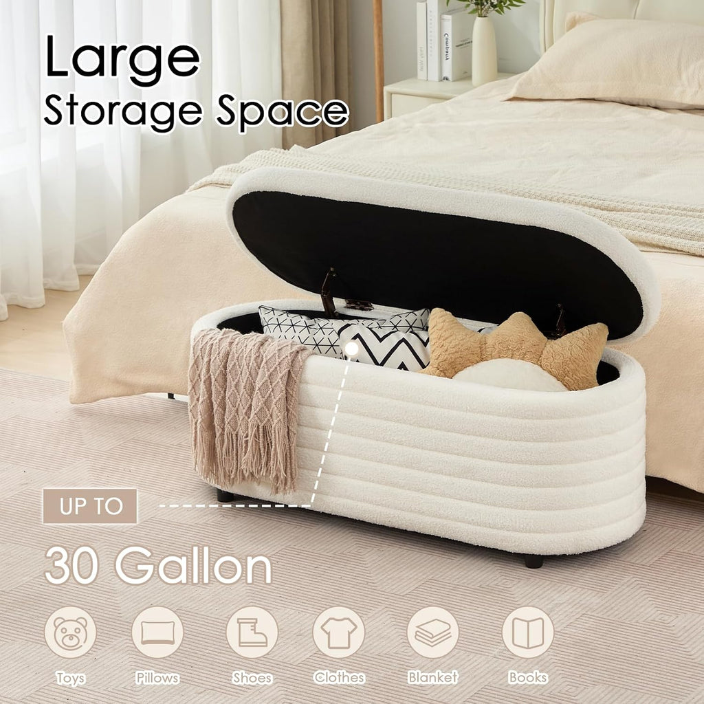 45.5" Storage Teddy Ottoman Bench Upholstered Fabric Bench Hidden Storage Chest with Slow-Close Safety Hinge , White