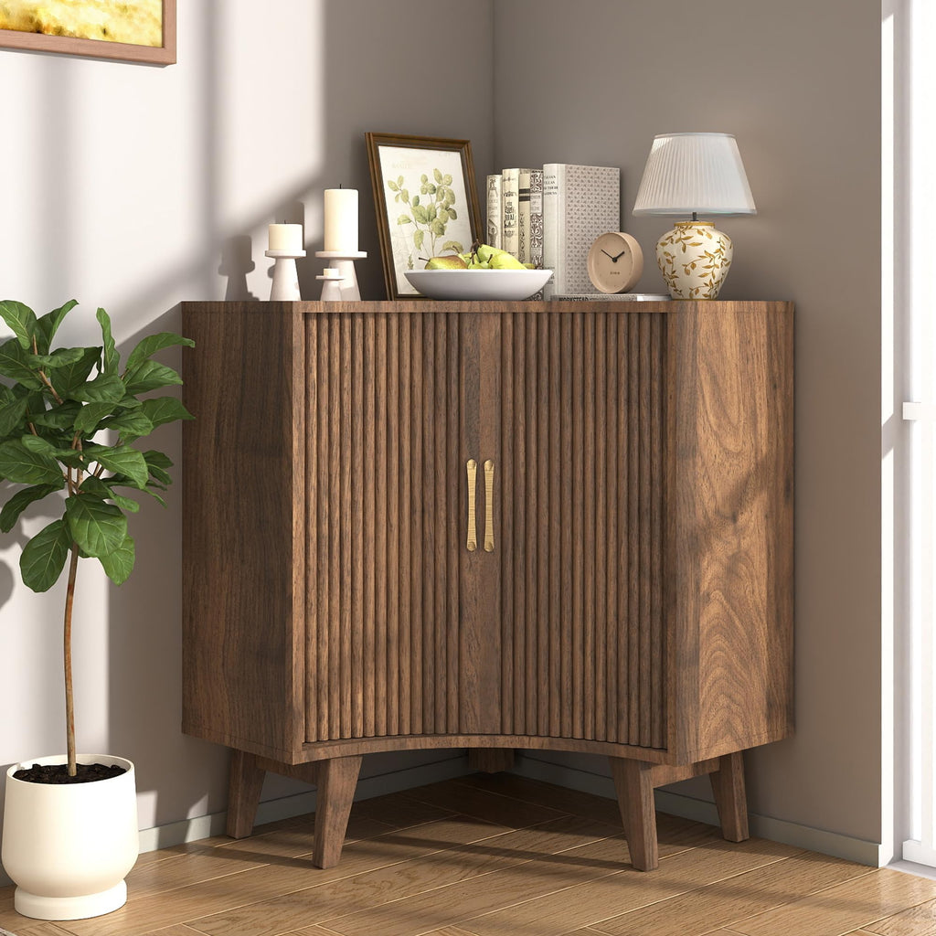 Fluted Corner Cabinet with Doors, Corner Kitchen Cabinet, Wine Bar, Sideboard