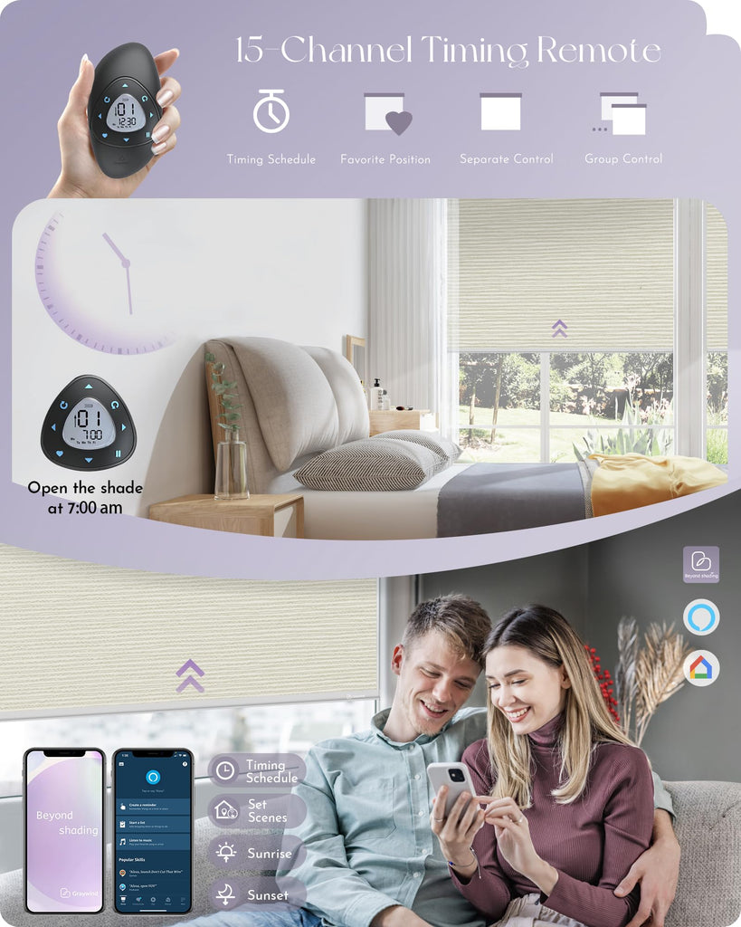 Smart Blackout Roller Shades for Alexa Google Textured Gleaming Fabric Rechargeable Motorized Blinds Cordless Remote