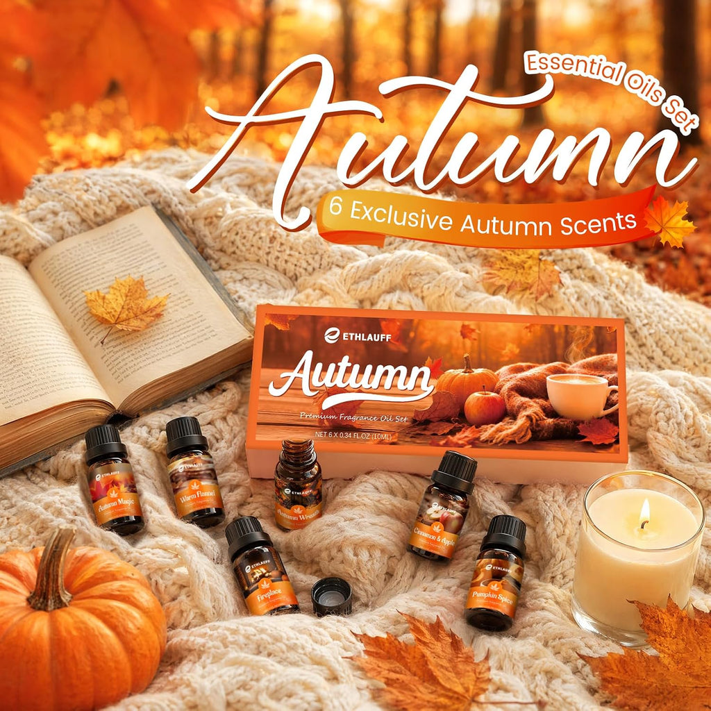 Fragrance Oil Autumn Set, Fall Essential Oils, Pumpkin Spice,Cinnamon & Apple,Fireplace, Autumn Wreath, Warm Flannel - Set of 6