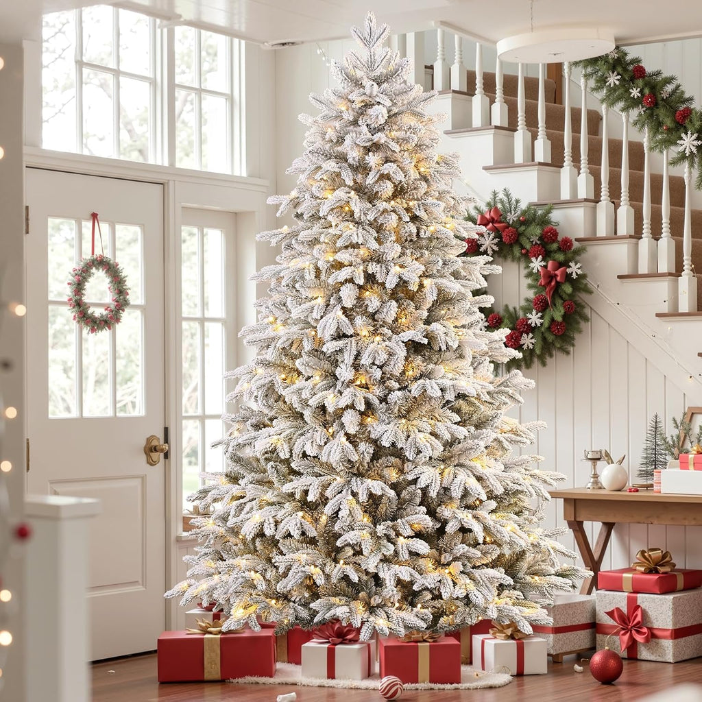Prelit Artificial White Flocked Christmas Tree Color Lights