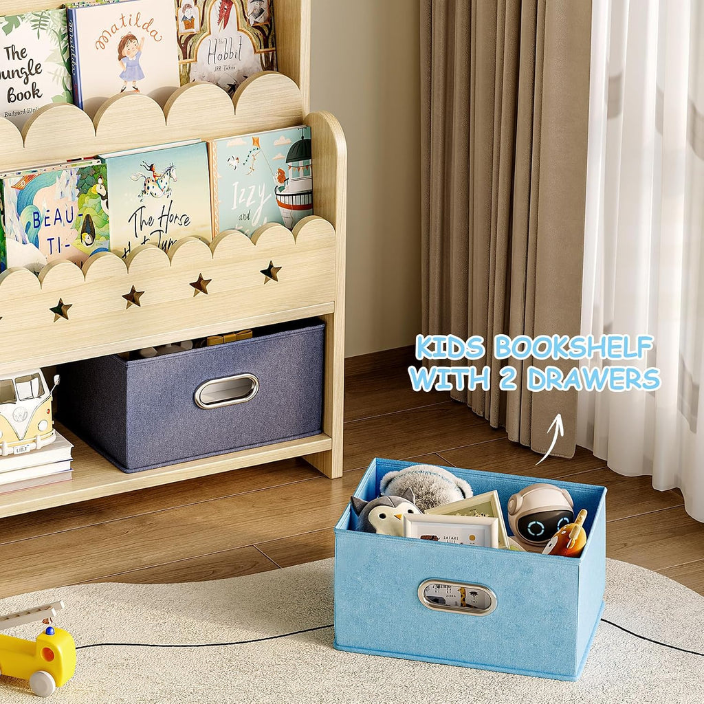 2-in-1 Kids Bookshelf with Toy Storage Drawers, Scalloped Montessori Bookcase Front Facing for Toddlers, Solid Wood