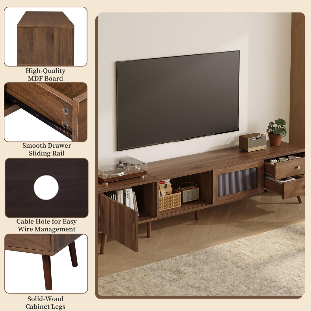 Mid-Century Modern TV Stand for 85 inches TV, 76" Media Console with Fluted Cabinet Door, Sliding Glass Doors, and 2