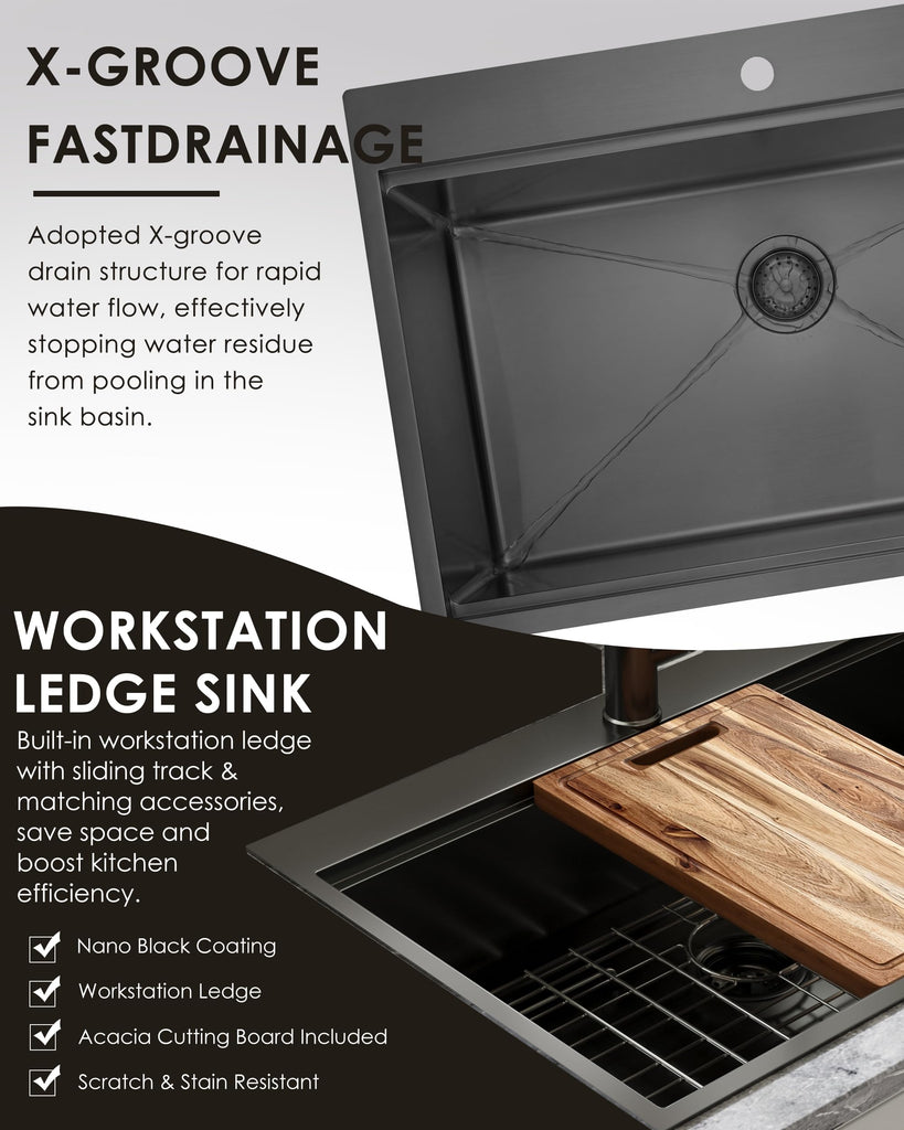 33x22 Gunmetal Black Drop Sink Workstation Sink with Faucet