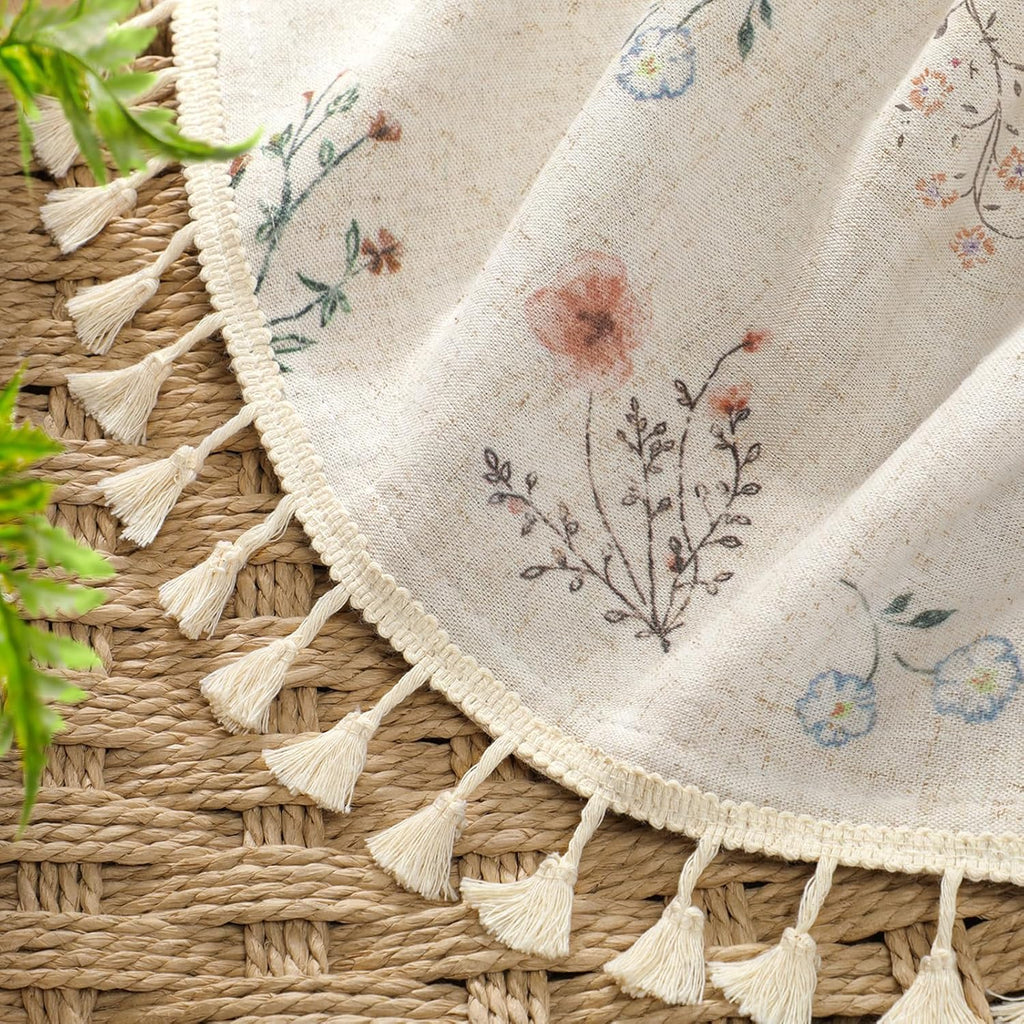 Boho Floral 100% Blackout Curtains for Bedroom 84 Inch Length 2 Panels Set, Linen Texture Farmhouse Curtains Beige