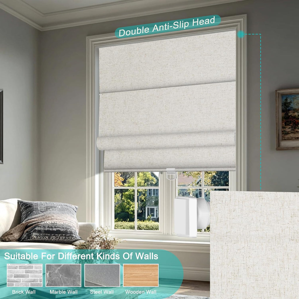 No Drill Cordless Roman Shades for Window, Blackout Roman Blinds Room Darkening Pull Down Blinds Easy Install Linen