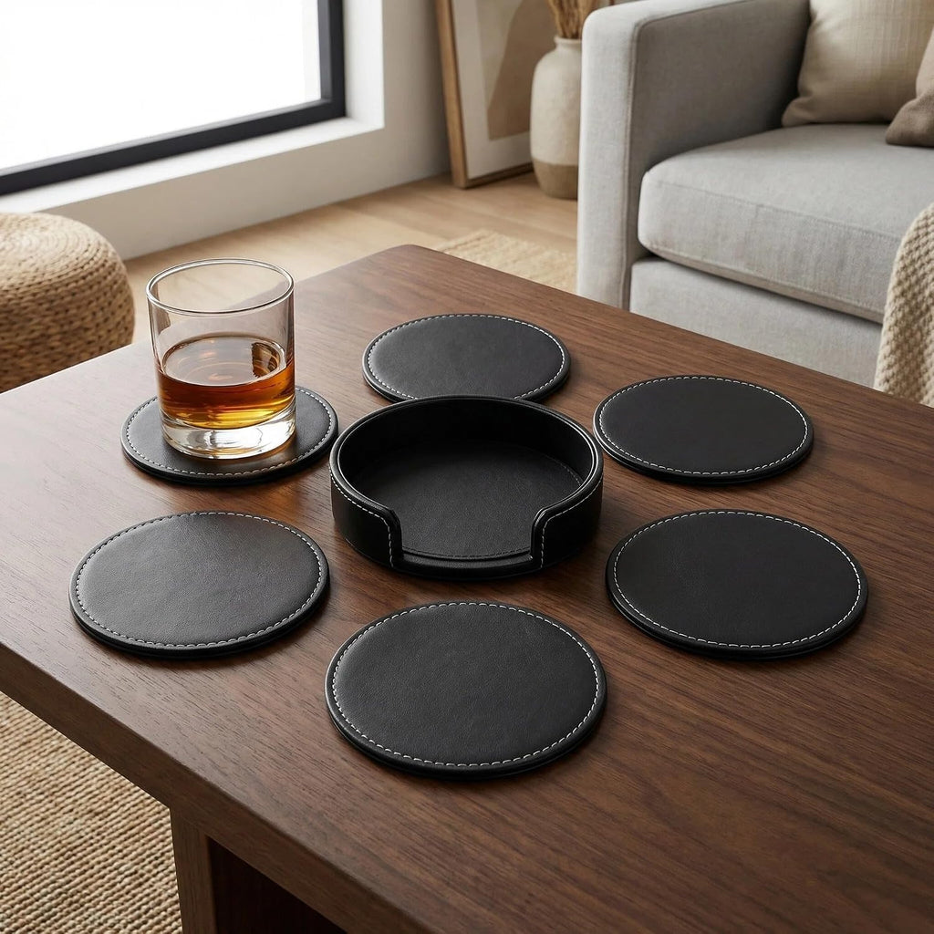 PU Leather Black Bar Drink Coasters with Non-Slip Design - Set of 6