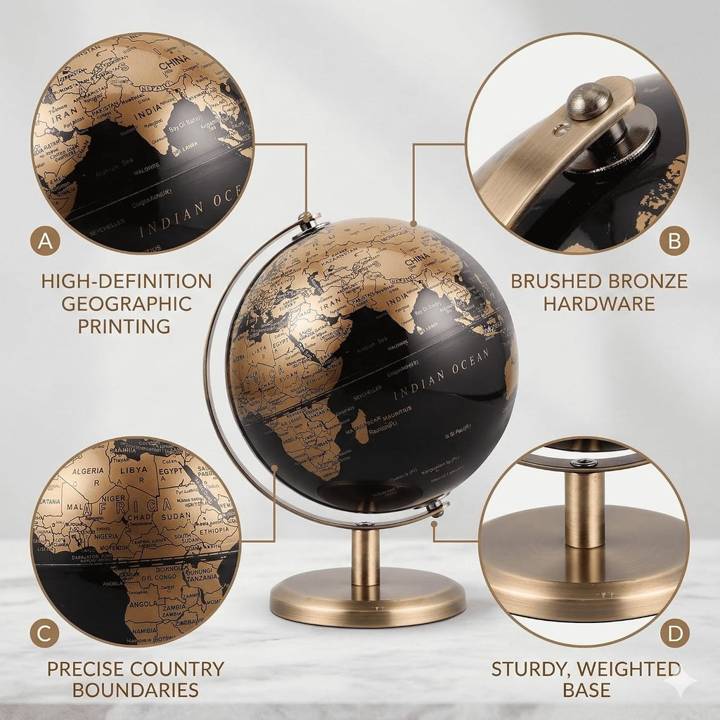 6 Inch Small World Globe with Antique Bronze Stand Black Gold Earth Desktop Decor for Kids & Adults Geography