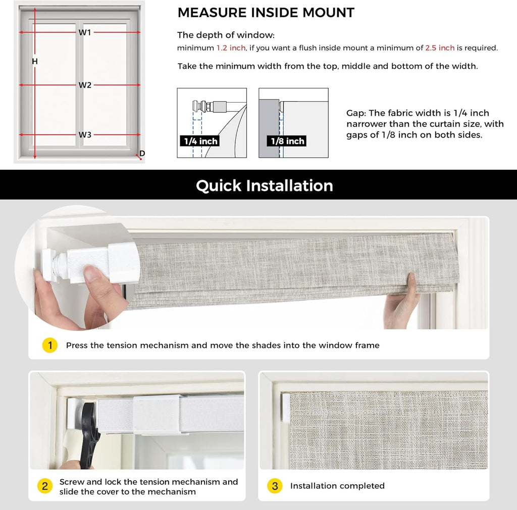 No Drill Cordless Roman Shades for Windows, 34" W × 64" H - 100% Blackout - Linen - Mist White