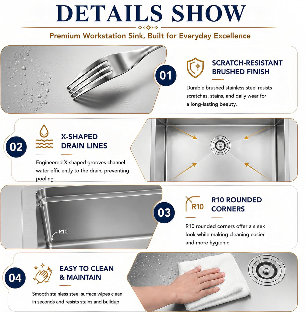 32 Inch Undermount Kitchen Sink, 32" x 19" Stainless Steel Kitchen Sink, Undermount Sinks, Handmade Deep Single Bowl