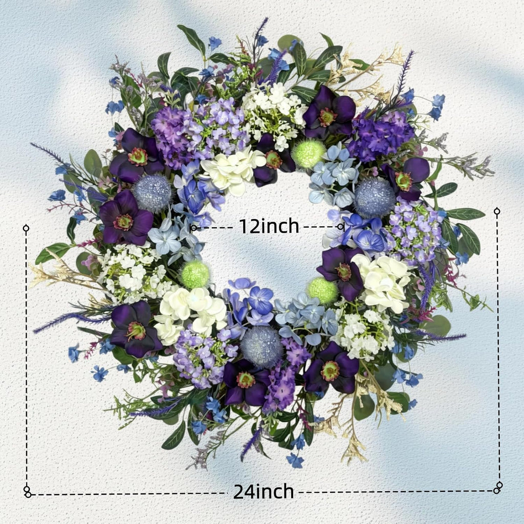 24-Inch Colorful Flower Wreath for Front Door - Hydrangeas, Lavender Wreath, Spring Summer Artificial Wild Flower