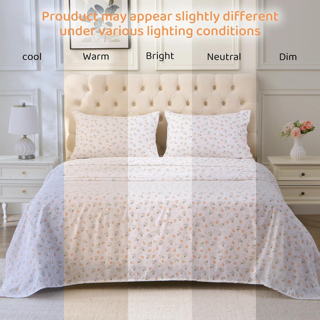 Cozy Floral Orange Microfiber Printed Full Sheet Set