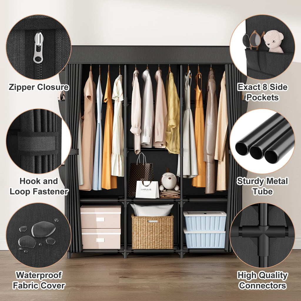 Wardrobe Closet Portable Closets for Hanging Clothes Large Capacity Clothes Rack with Cover, 3 Hanging Rods, 6