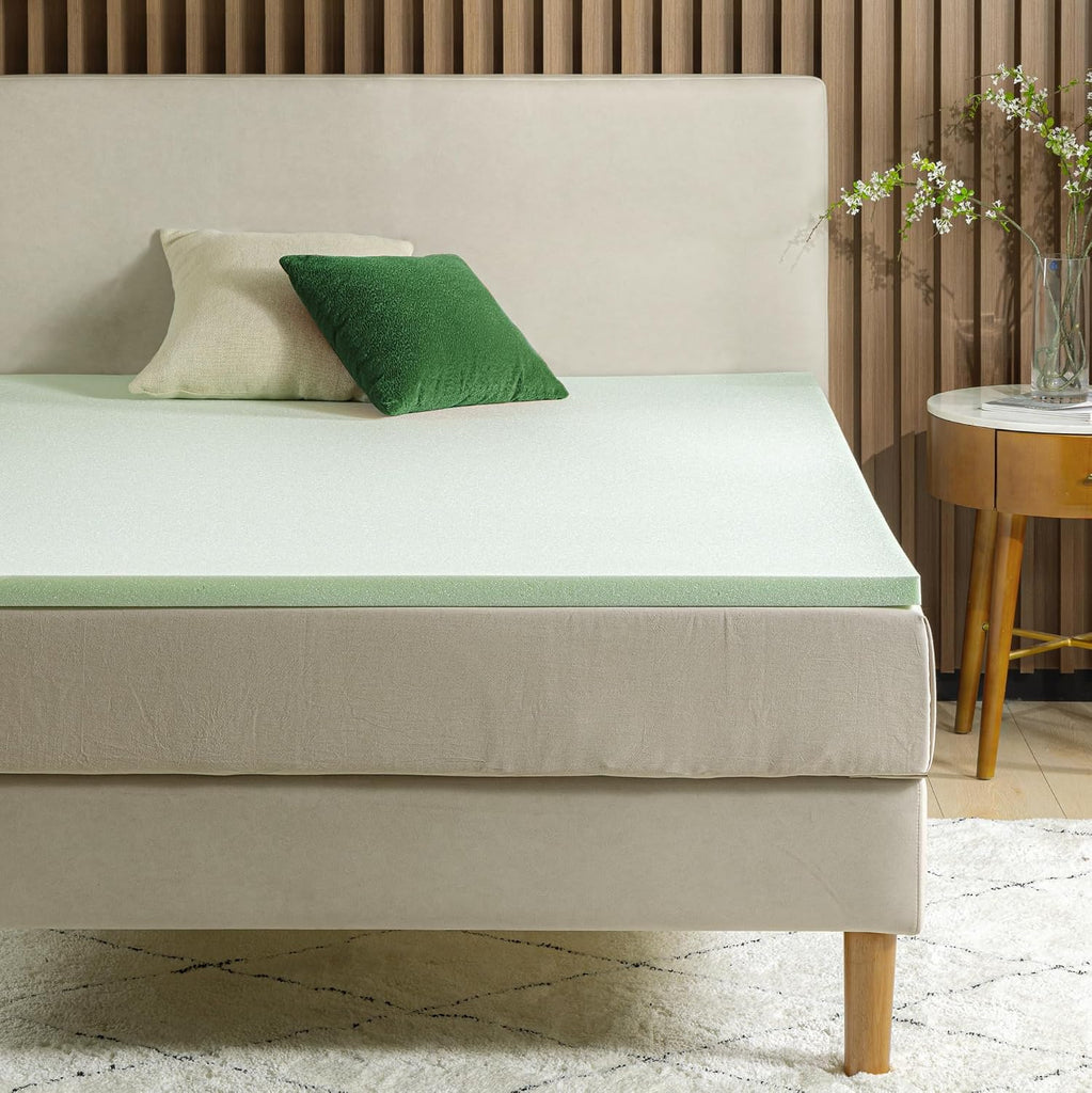 2 Inch Green Tea Memory Foam Mattress Topper, Pressure-Relieving Layer, Ideal for Back Pain Relief, Compact WONDERBOX