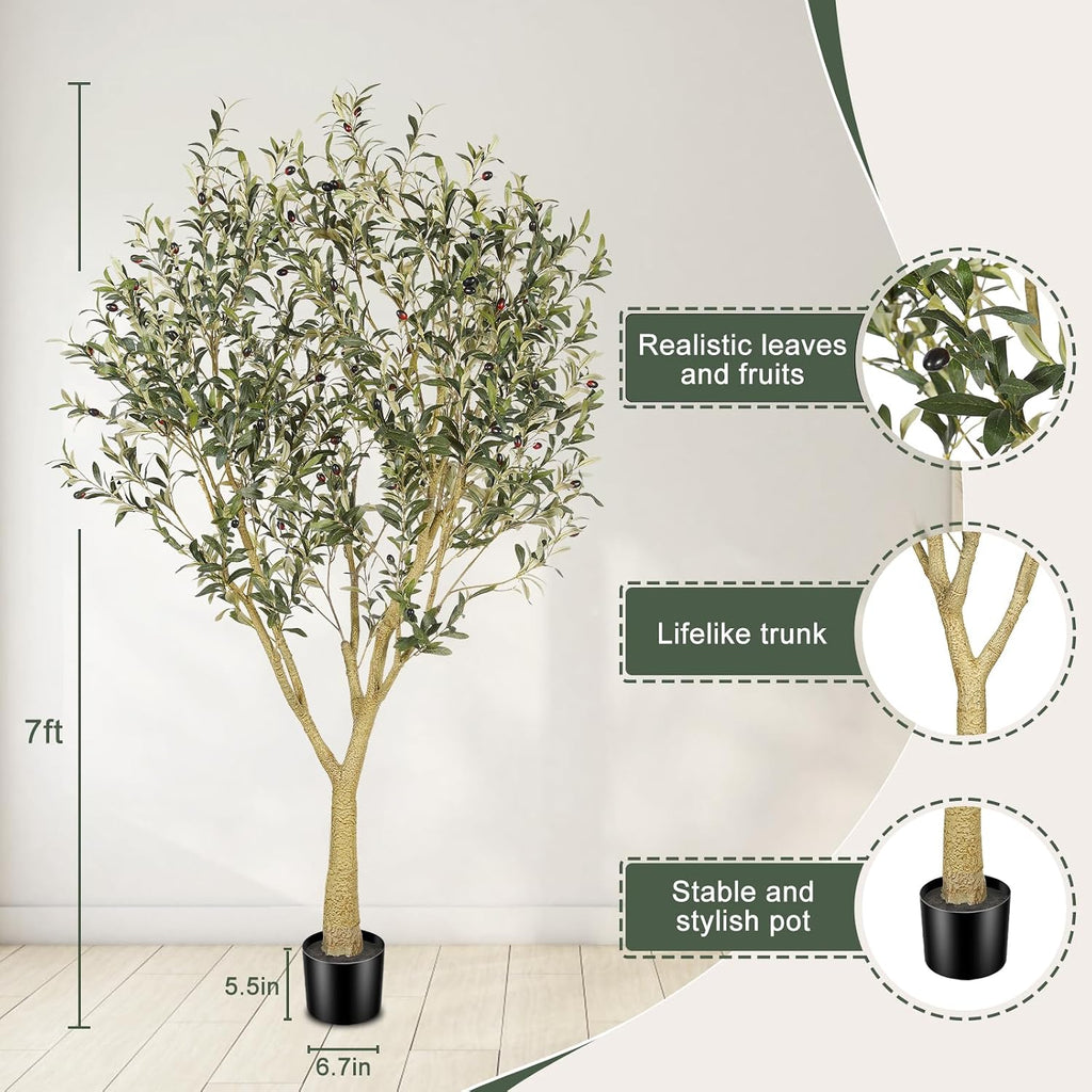 7ft Artificial Olive Tree with Natural Wood Trunk - Tall Indoor Floor Tree , and Office Decor