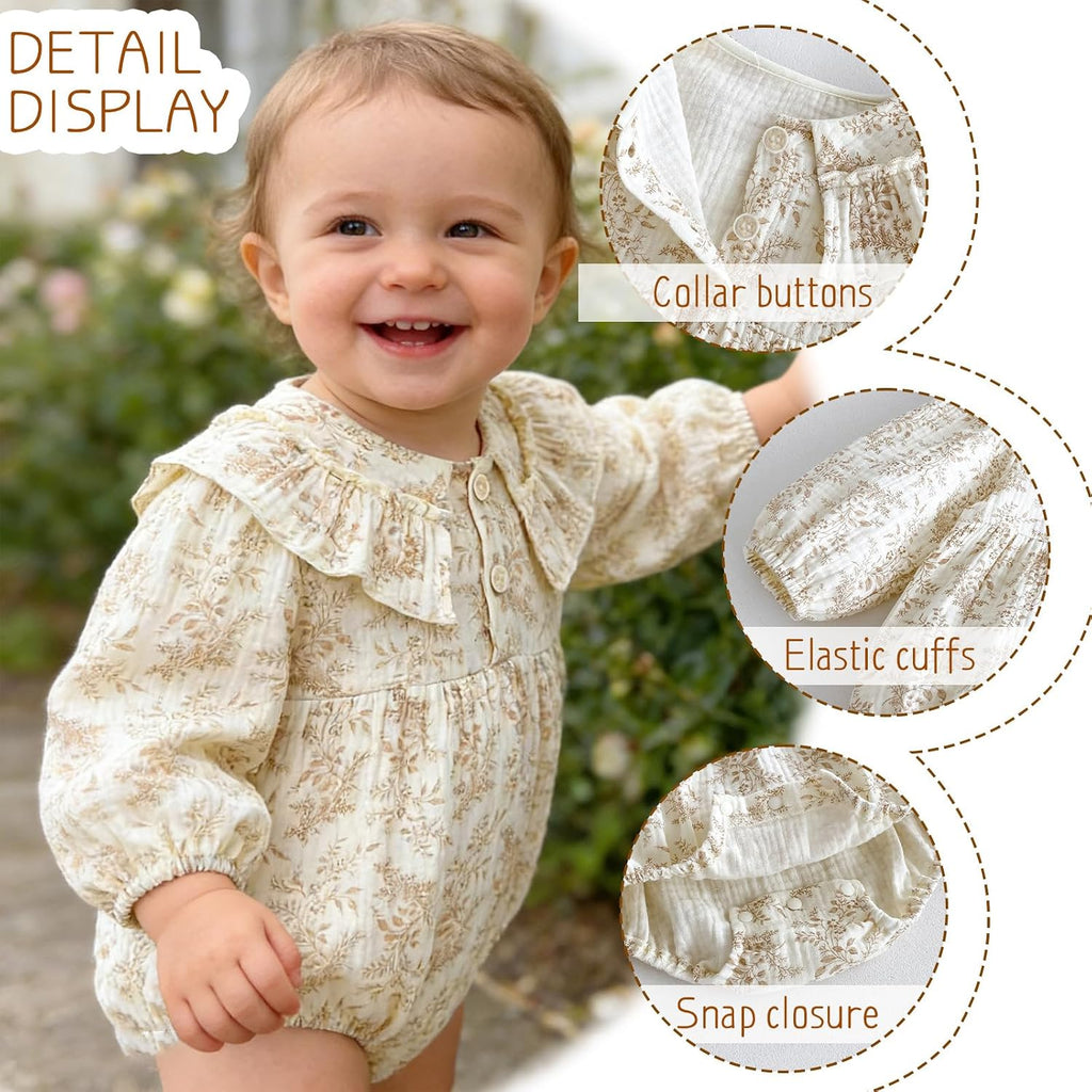 Baby Girl Floral Romper Ruffle Peter Pan Collar Bubble Sleeve Bodysuit Cotton Jumpsuit One Piece Cute Baby Outfits