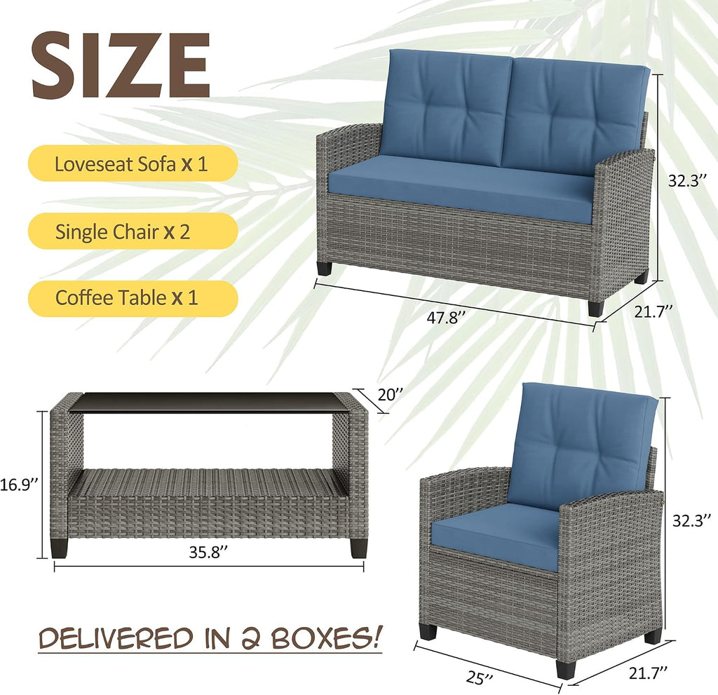 4 Piece Patio Furniture Set, Outdoor Rattan Conversation Set with Coffee Table, Outside Wicker Sectional Sofa Couch