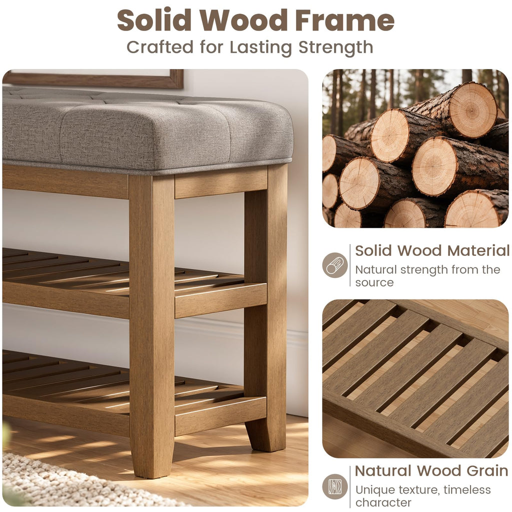 2-Tier Shoe Storage Bench, Solid Wood Entryway Bench, 45.3" Taupe