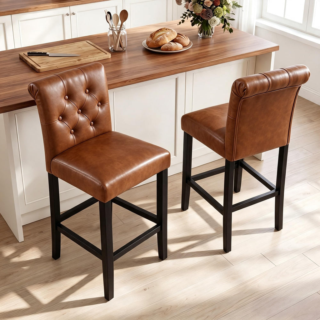 Counter Height Barstools Fabric Upholstered Counter Stool with Rubber Wood Legs Bar Chair Island (Brown, Set of 4)