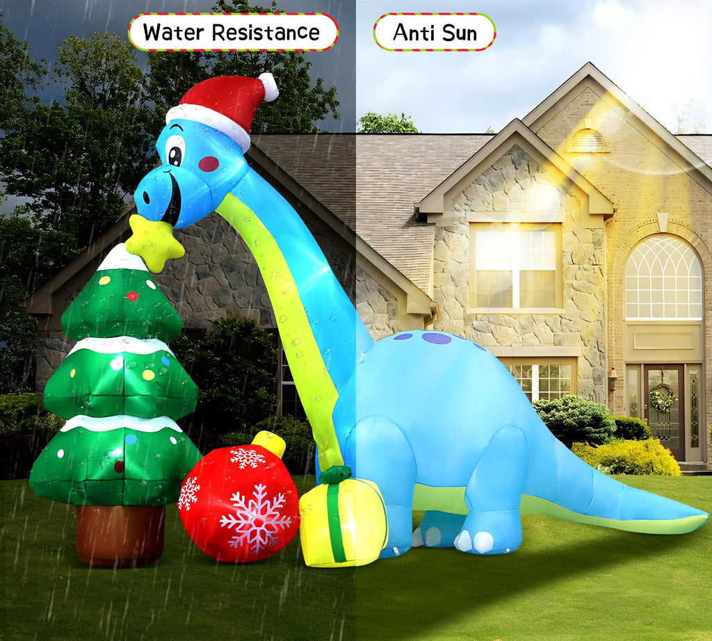 13.6 Ft Long Christmas Inflatable Decorations, Huge Xmas Inflatable Dragon Dinosaur with Trees Gift Hats Decors