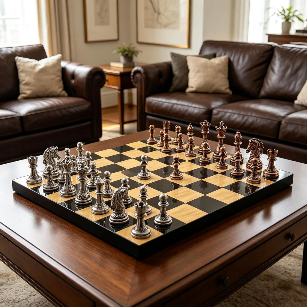 Large Baroque Metal Chess Set for Adults, 15.75 Inch Luxury Glossy Black & Maple Wooden Chess Board,Vintage Luxury