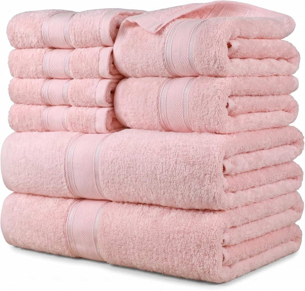 100% Turkish Combed Cotton Bath Towel Set, Blush Pink, 8-Piece | Plush thick, non-fading, 2 Bathroom Towels, 2 Hand